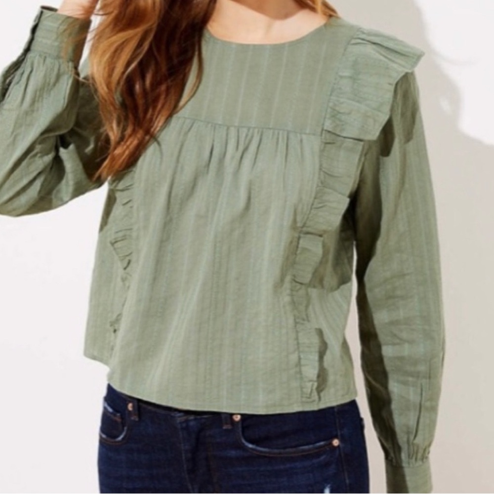 Loft Olive Green Ruffle Top